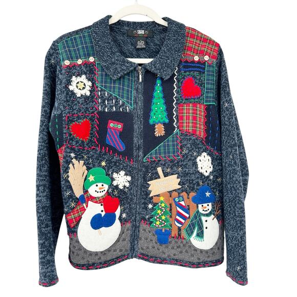 Segue Ho Ho Ho Womens Vintage Snowman Zip Ugly Christmas Sweater Cardigan Size S - Picture 1 of 8